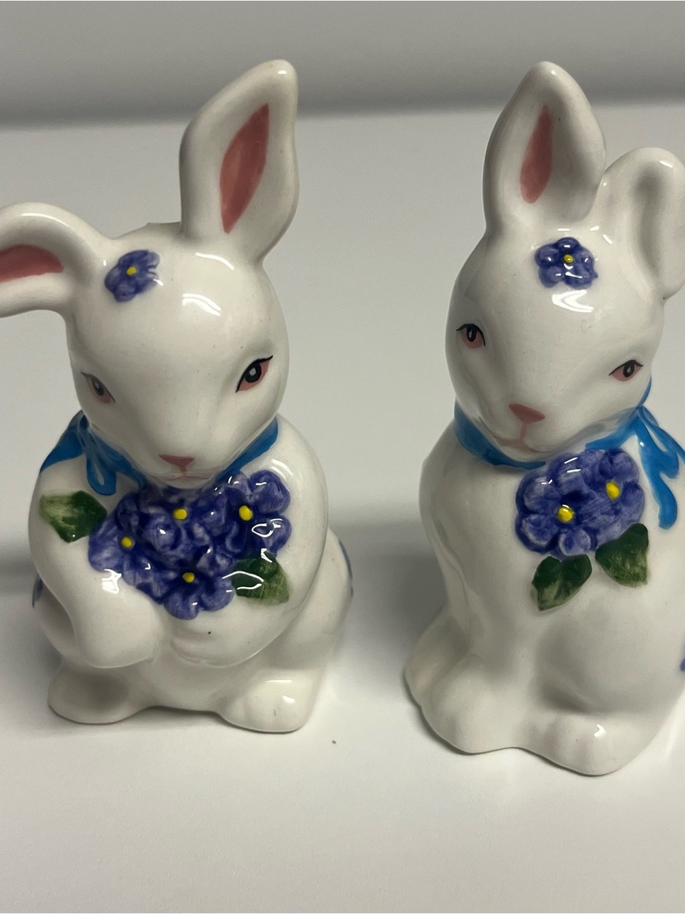 White Ceramic Bunny Figurines with Blue Floral Accents - Salt & Pepper Pair